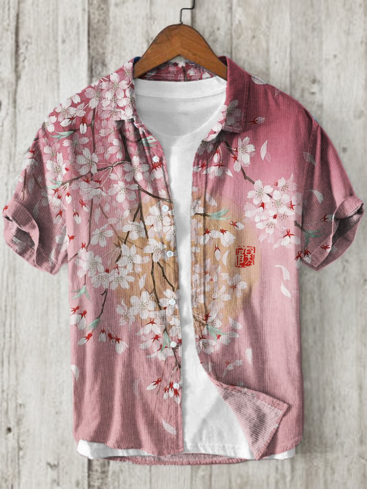 Cherry Blossom Full Moon Japanese Art Linen Blend Shirt - Pink