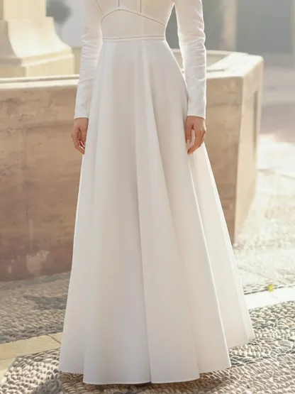 Maxi Linen Dress, Long Sleeves, Round Neck, Plain, French Vintage, White - White