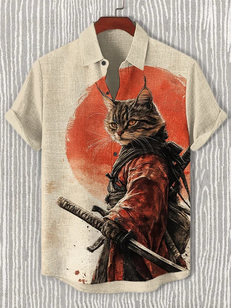 Men's Samurai Cat Art Print Short Sleeve Shirt - Beige