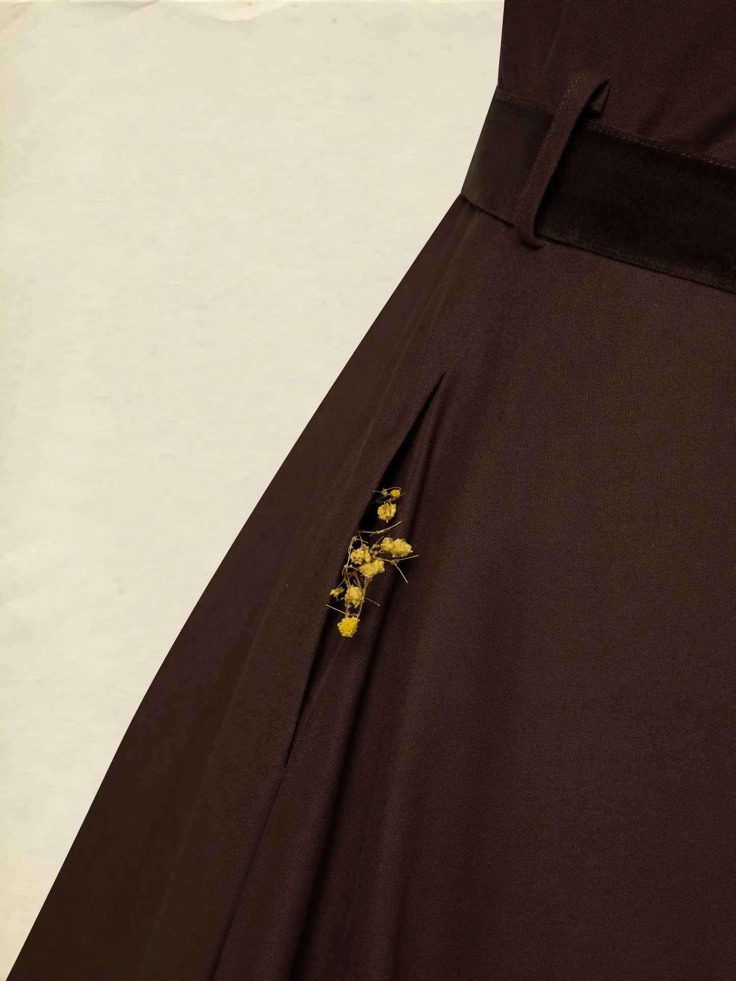 Midi Cotton Dress, Long Sleeves, Shawl Collar, Plain, Belt Design, Vintage, Coffee - Coffee