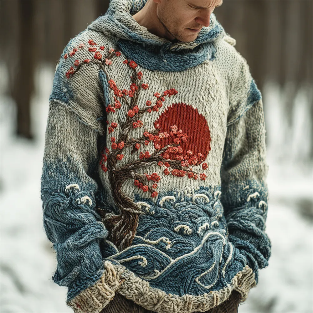 Japanese Red Sun & Ocean Art Men's Knit Hooded Sweater - Beige