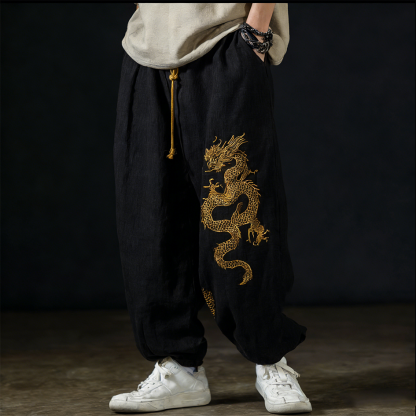Men's Casual Cotton And Linen Wide-leg Pants With Dragon Patterns And Embroidered Floral Patterns - Black
