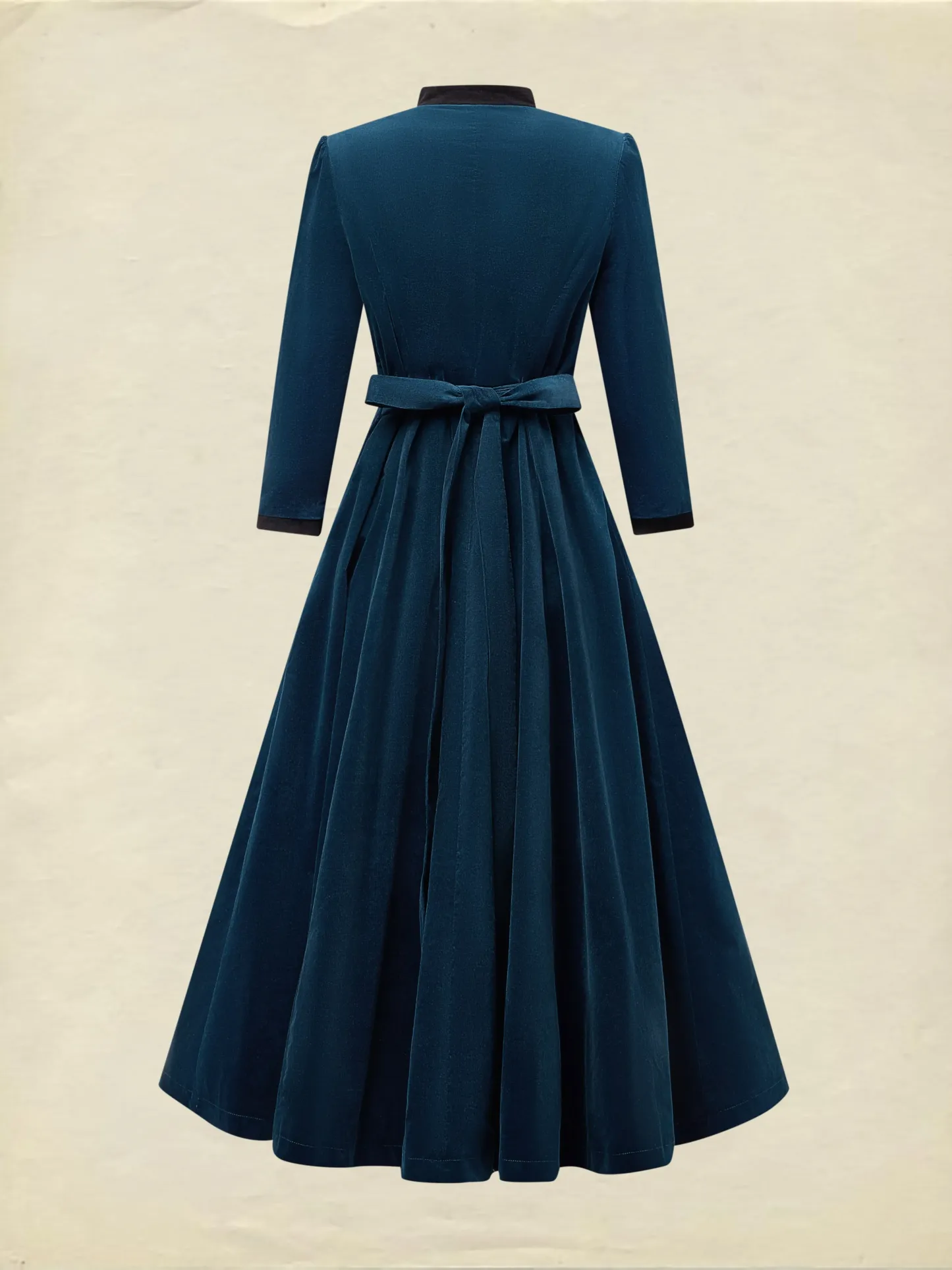 Midi Cotton Dress, Half Sleeve, Stand Collar, Plain, Button Design, Vintage, Deep Blue - Deep Blue