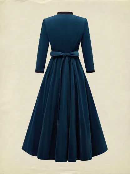 Midi Cotton Dress, Half Sleeve, Stand Collar, Plain, Button Design, Vintage, Deep Blue - Deep Blue