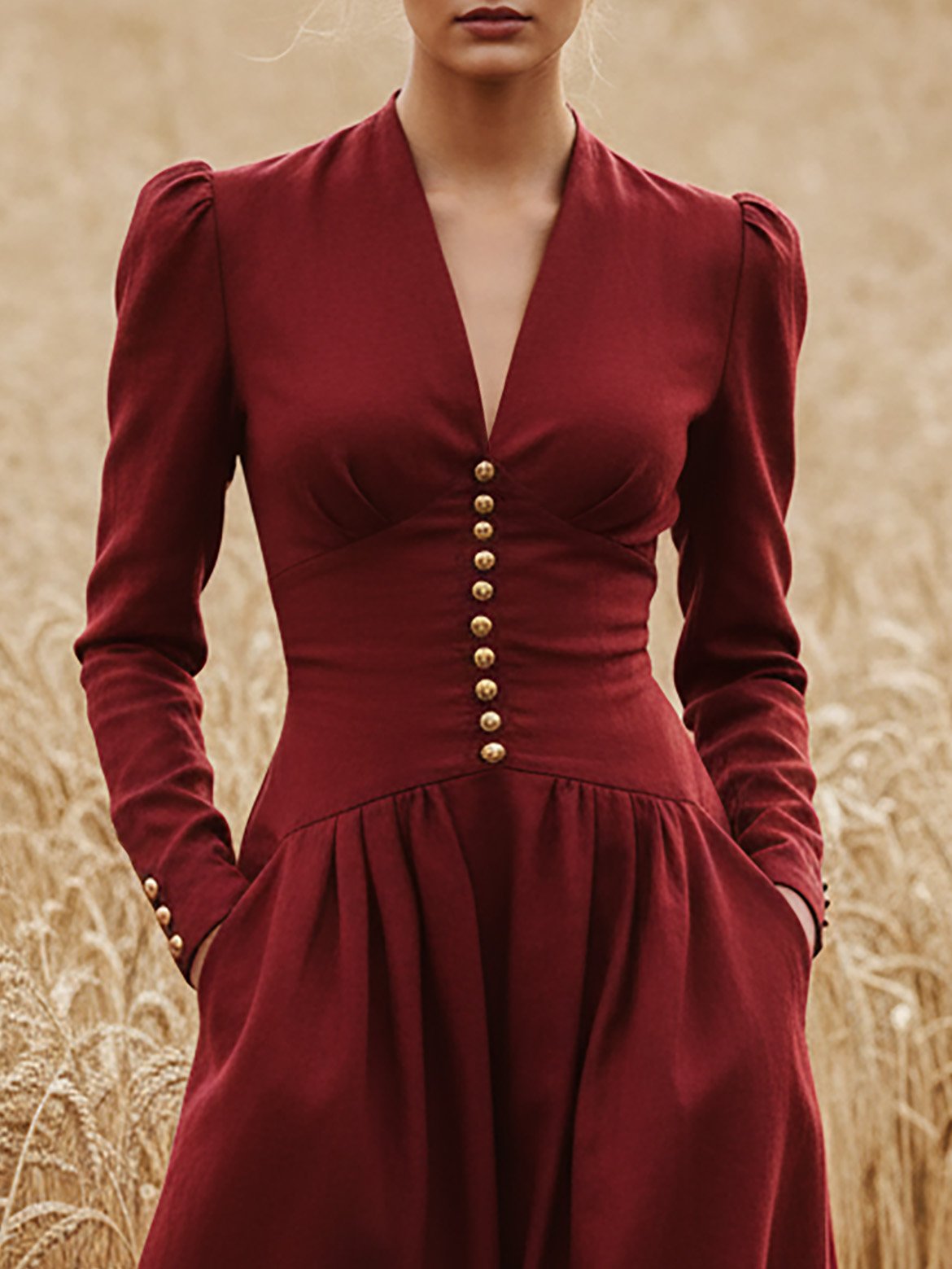 Maxi Linen Dress, Long Sleeves, V Neck, Plain, Button Design, Vintage, Deep Red - Deep Red
