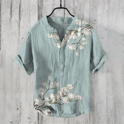 Men's Vintage Japanese Art Magnolia Flower V Neck Casual Linen Blend Shirt - Blue