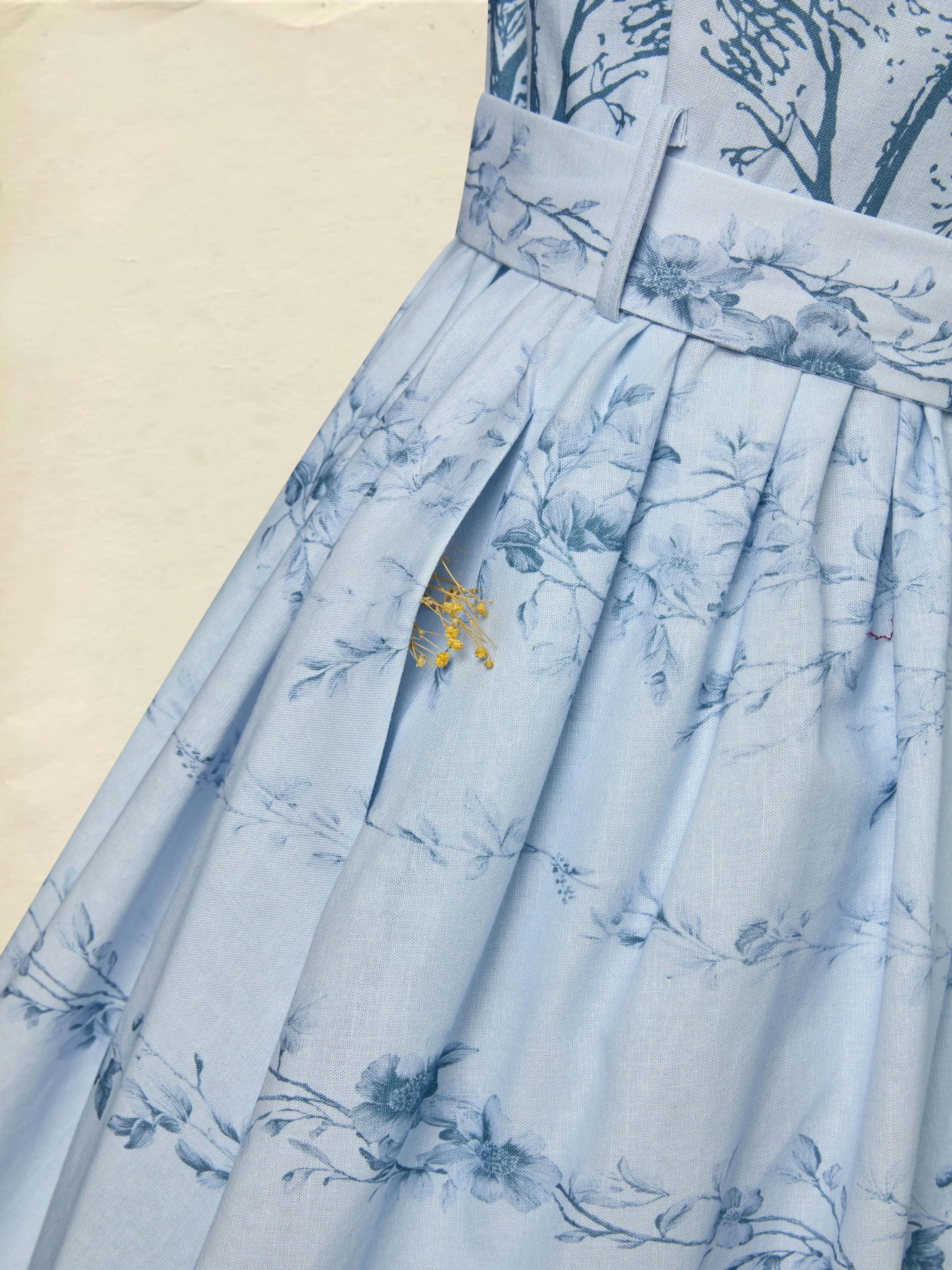 Maxi Cotton Dress, Long Sleeves, Stand Collar, Floral, Pocket Design, Vintage, Blue - Blue