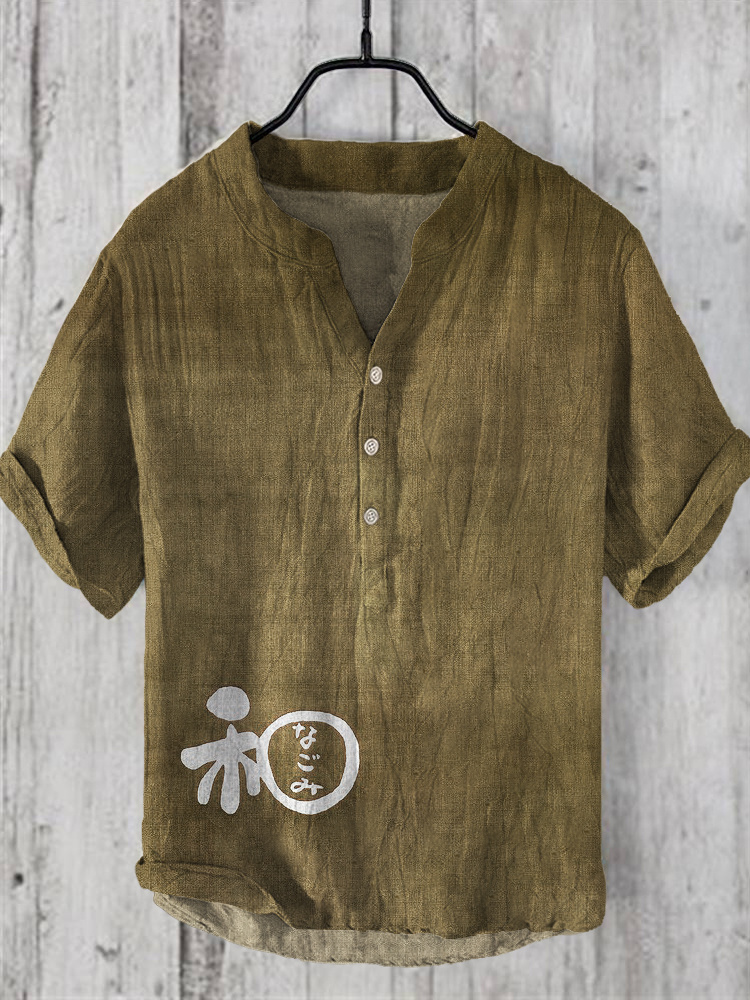 Japanese Word Art Linen V-Neck Shirt - Red