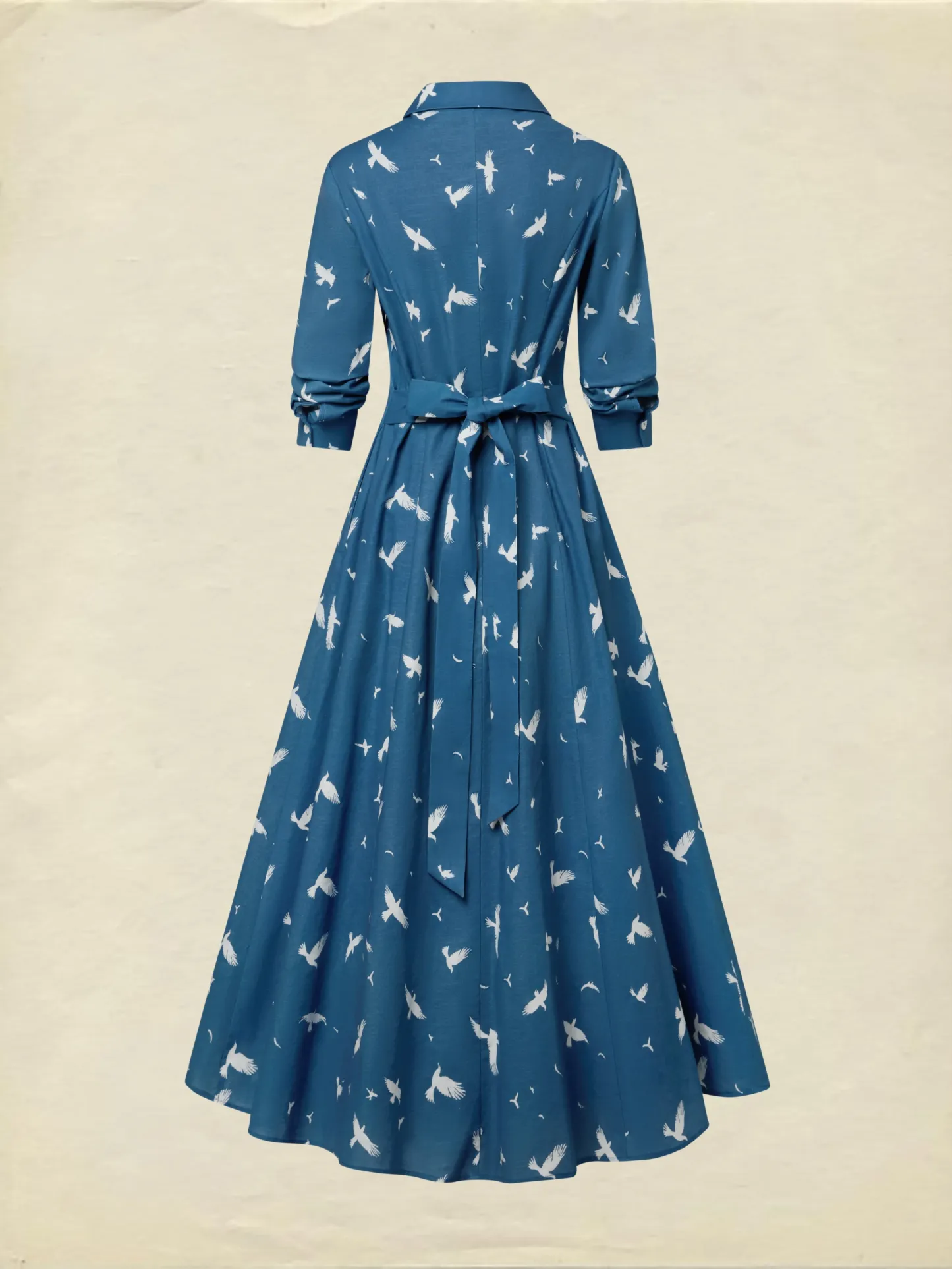 Maxi Linen Dress, Long Sleeves, Shawl Collar, Bird, Button Design, Vintage, Blue - Blue