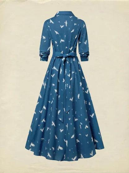 Maxi Linen Dress, Long Sleeves, Shawl Collar, Bird, Button Design, Vintage, Blue - Blue