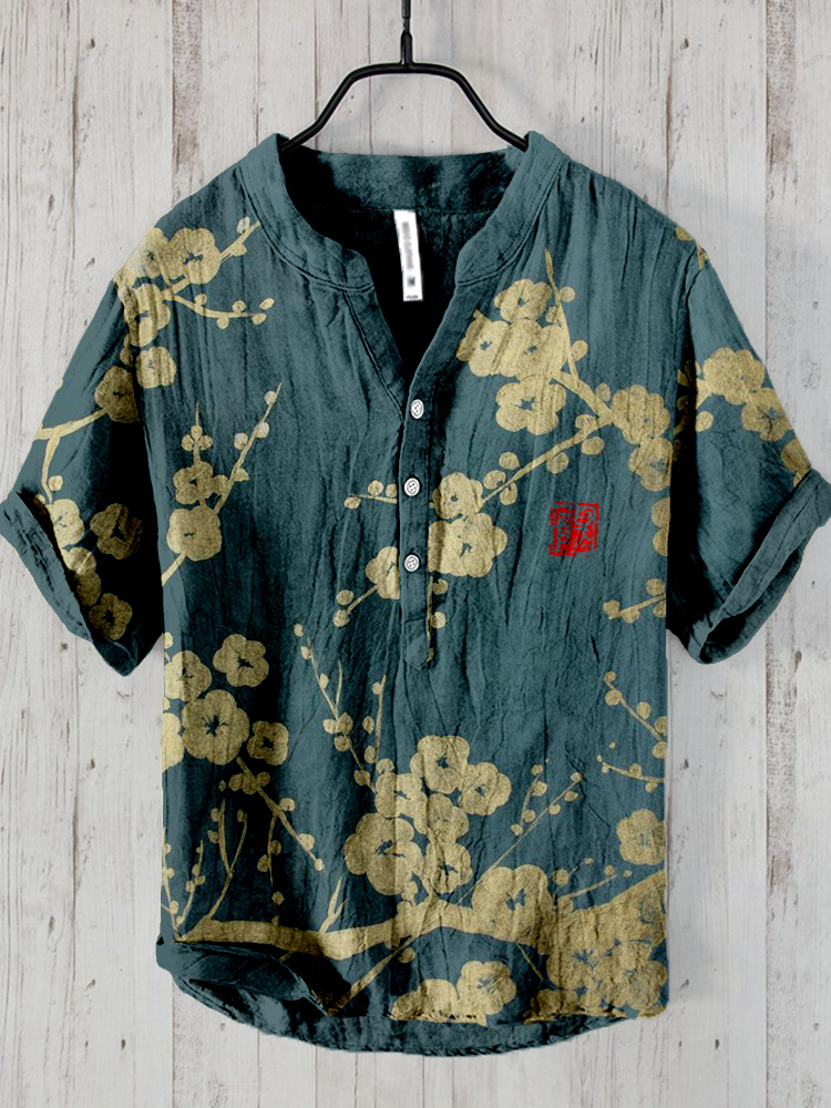 Japanese Plum Blossom Art Linen Blend Cozy Shirt - Navy