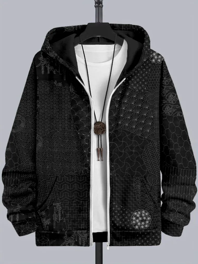Men's Japanese Traditional Sashiko Art Comfy Full Zip Hoodie - Black