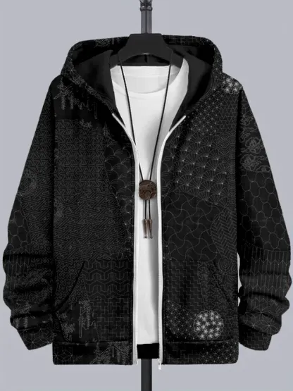 Men's Japanese Traditional Sashiko Art Comfy Full Zip Hoodie - Black