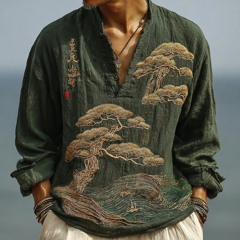 Men's Japanese Art Pine Embroidery Linen Shirt - Army Green