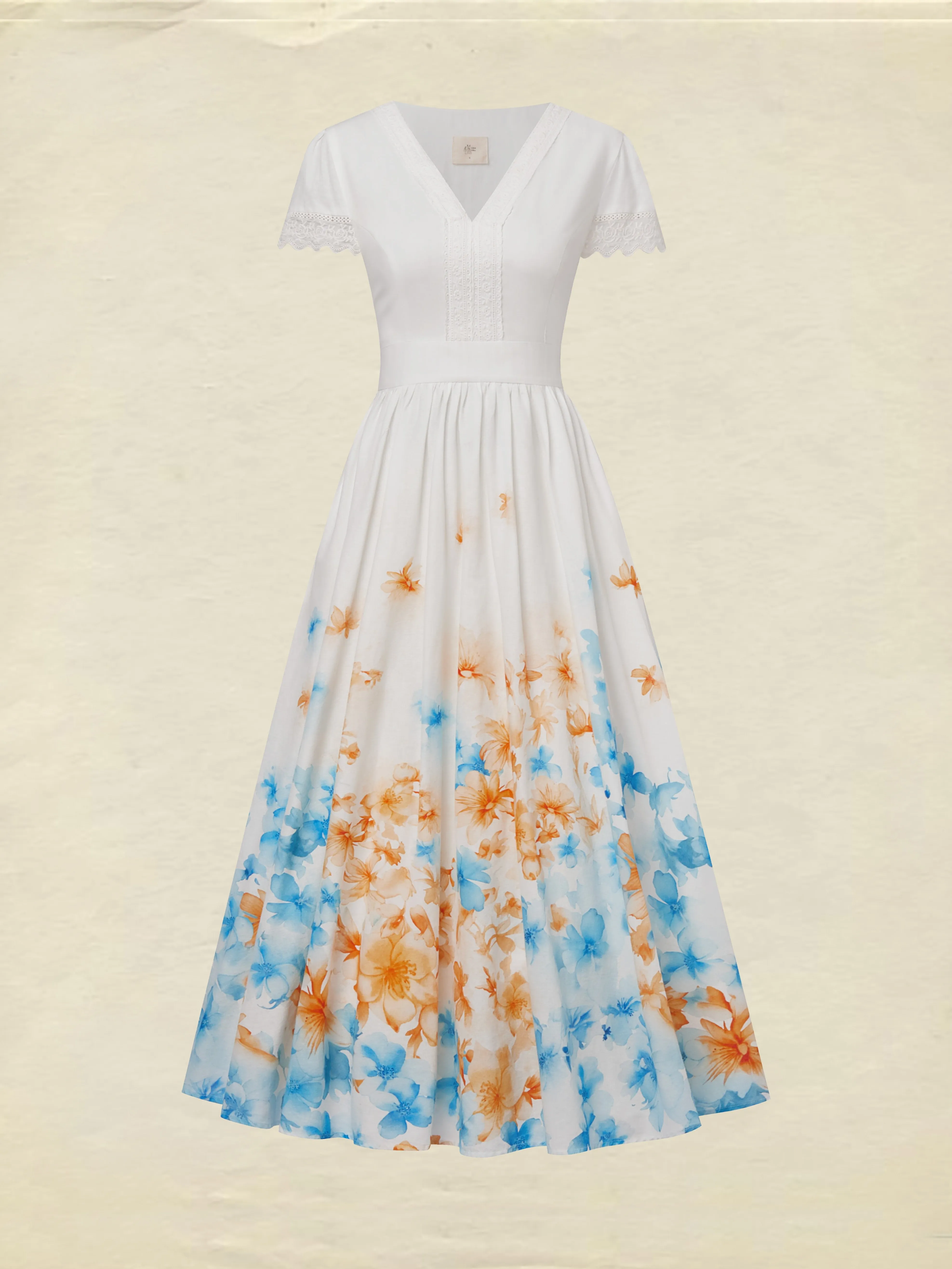 Linen Maxi Dress, Short Sleeve, Lace Collar, Floral, Vintage, White - White