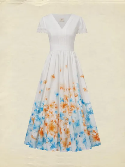 Linen Maxi Dress, Short Sleeve, Lace Collar, Floral, Vintage, White - White