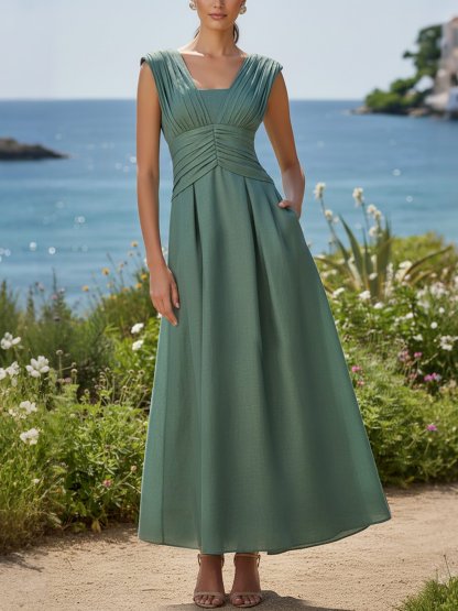 Maxi Linen Dress, Sleeveless, V Neck, Plain, Vintage, Green - Green