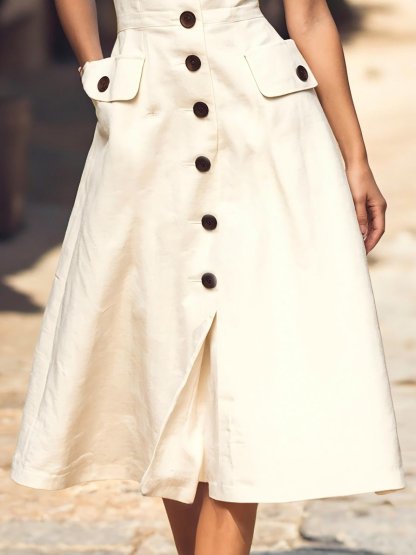 Midi Linen Dress , Sleeveless, Round Neck, Plain, Button Design, French Vintage, Off White - Off White