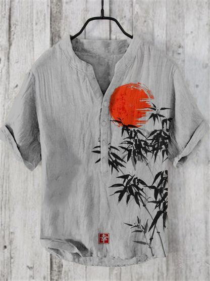 Japanese Bamboo Forest And Red Sun Art Linen Casual Shirt - Grey