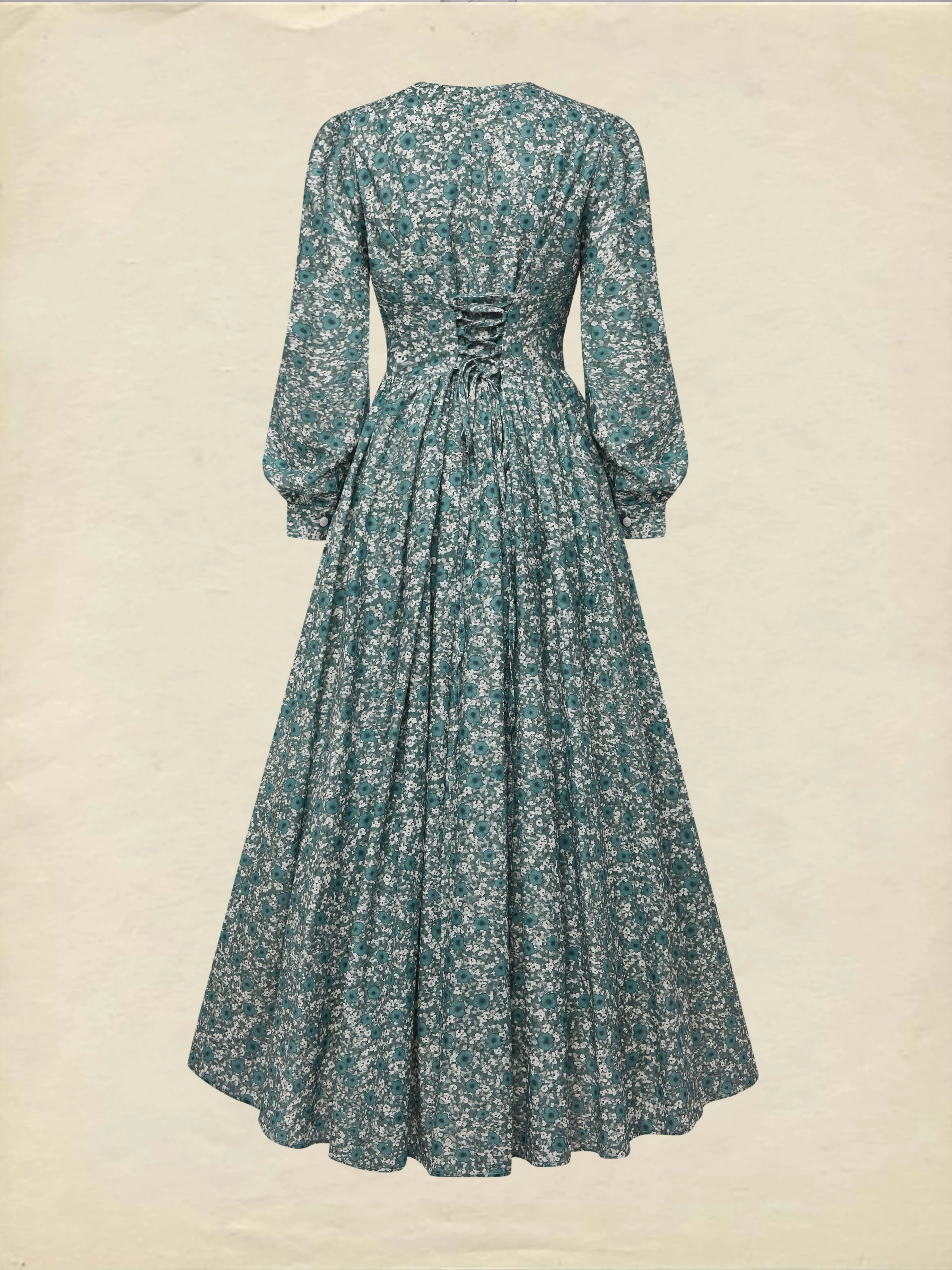 Maxi Linen Dress, Long Sleeves, V Neck, Floral, Button Design, Vintage, Green - Green