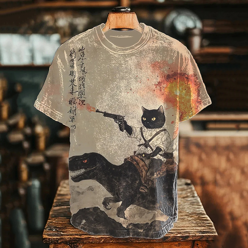 Men's Retro Calligraphy Cat Dinosaur Volcanic Eruption Print T-shirt - Beige