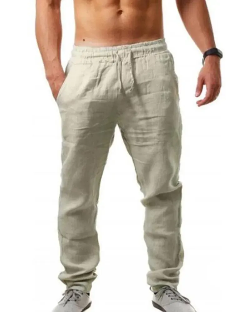 Men'S Vintage Drawstring Casual Cotton Linen Pants - Black