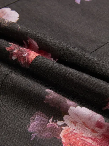 Cotton Blouse, Long Sleeves, Stand Collar, Floral, Lace, Vintage, Black - Black