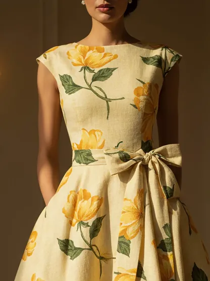 Midi Linen Dress, Cap Sleeves, Round Neck, Floral, Bow, Vintage, Yellow - Yellow