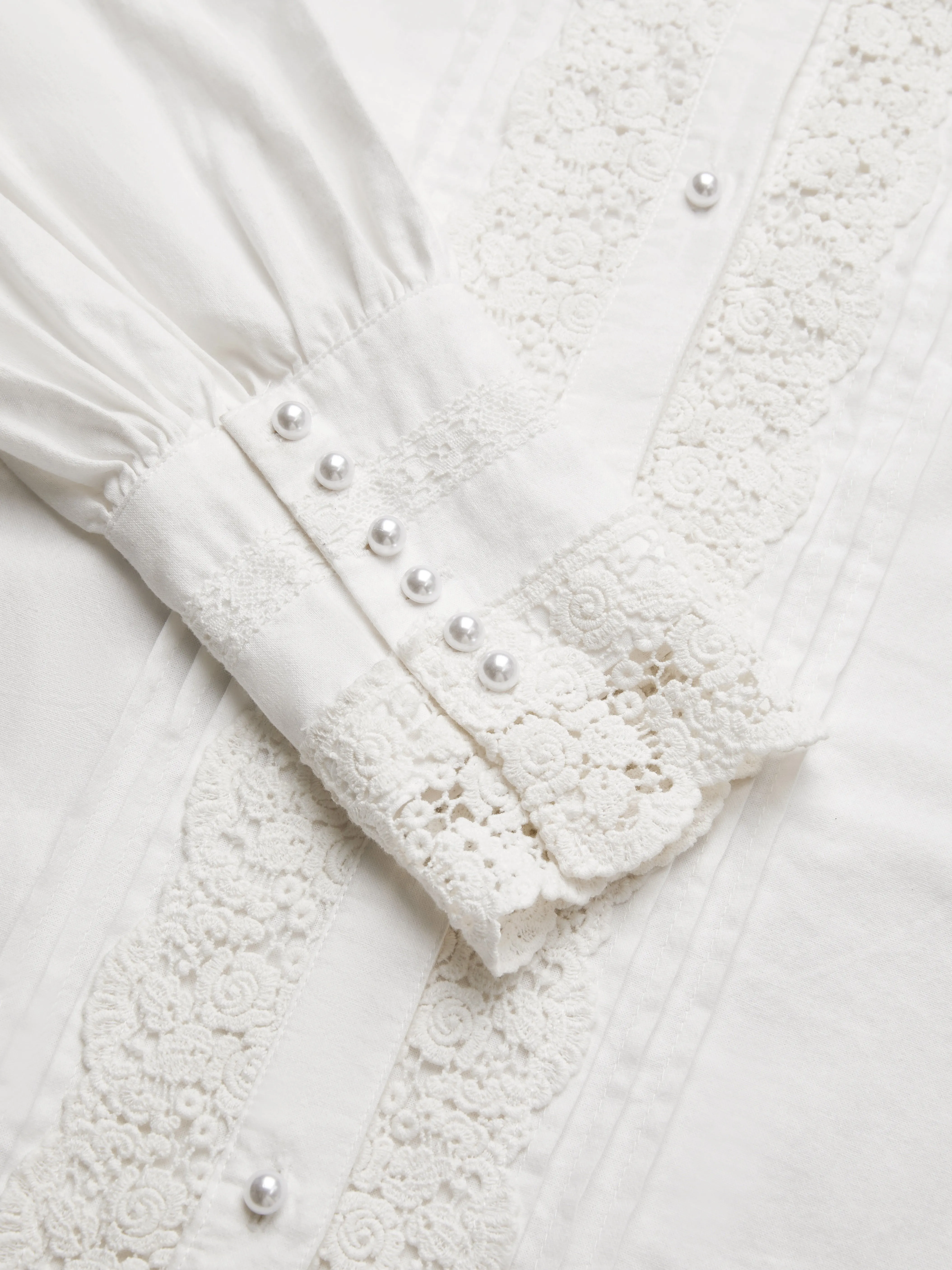 Linen Shirt, Long Sleeves, Stand Collar, Plain, Lace, Vintage, Ivory - Ivory