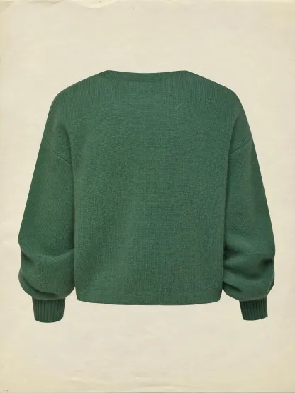 Wool Cardigan, Long Sleeves, Plain, Vintage, Green - Green