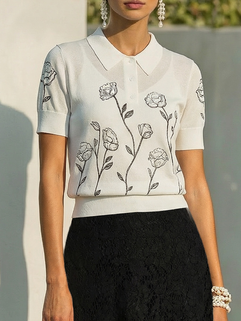 Sweater, Short Sleeves, Shawl Collar, Floral, Button Design, Inner Vest Not Included, White - White