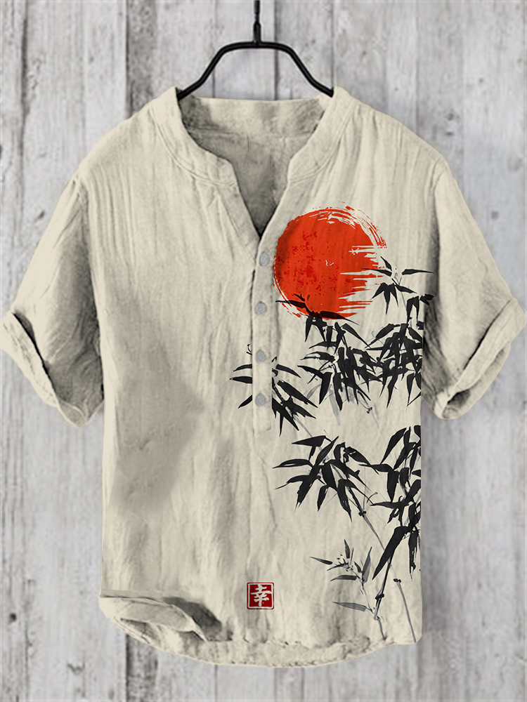 Japanese Bamboo Forest And Red Sun Art Linen Casual Shirt - Grey