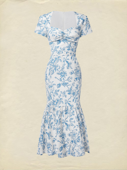 Midi Linen Dress, Short Sleeves, Sweetheart Neck, Floral, Ruffles, Vintage, Blue - Blue