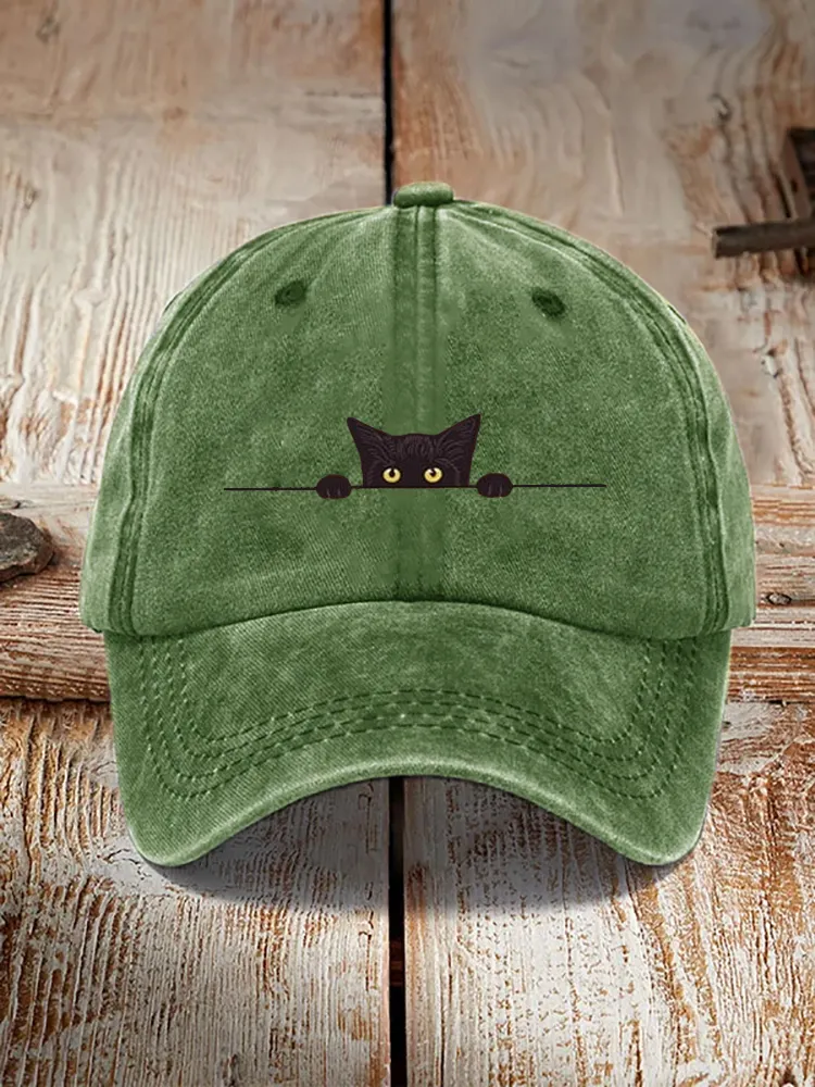 Japanese Art Black Cat Print Washed Hat - Green