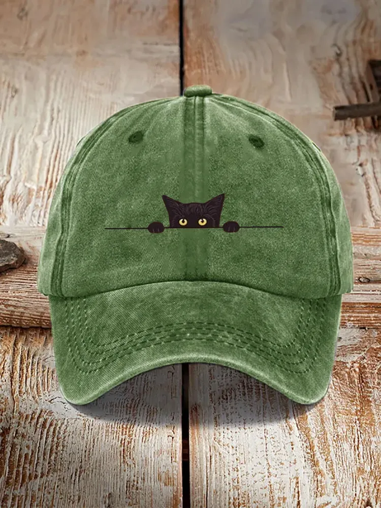 Japanese Art Black Cat Print Washed Hat - Green