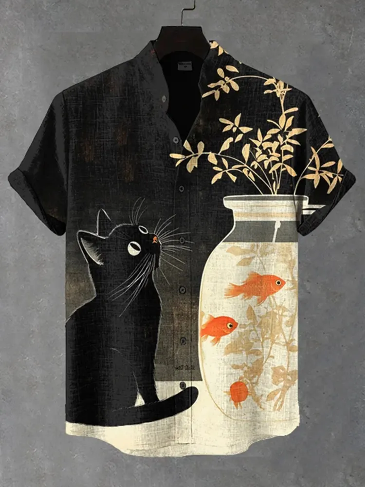 Men's Black Cat And Goldfish Art Print Short Sleeve Shirt - Black