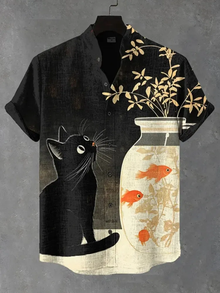 Men's Black Cat And Goldfish Art Print Short Sleeve Shirt - Black