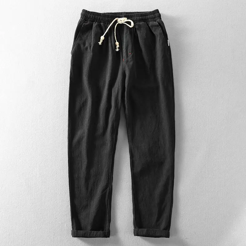 Men's Vintage Japanese Loose Pocket Cotton Linen Casual Pants - Black