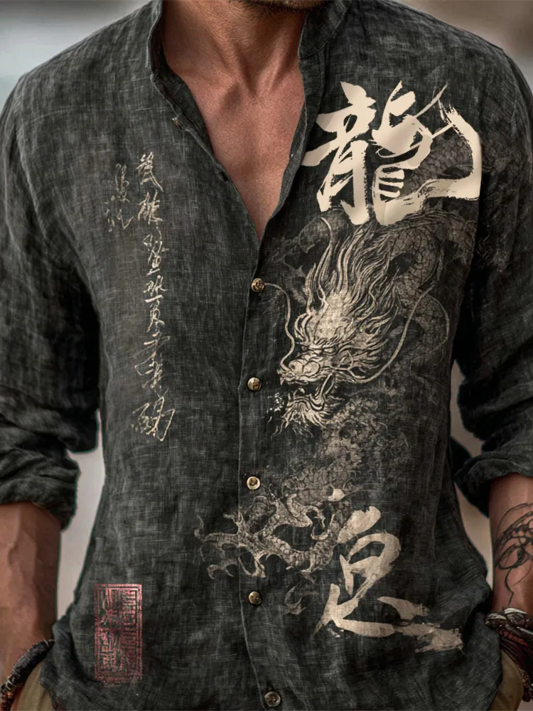 Japanese Zen-inspired Dragon Calligraphy Print Men's Linen Long-sleeve Shirt - Dark gray