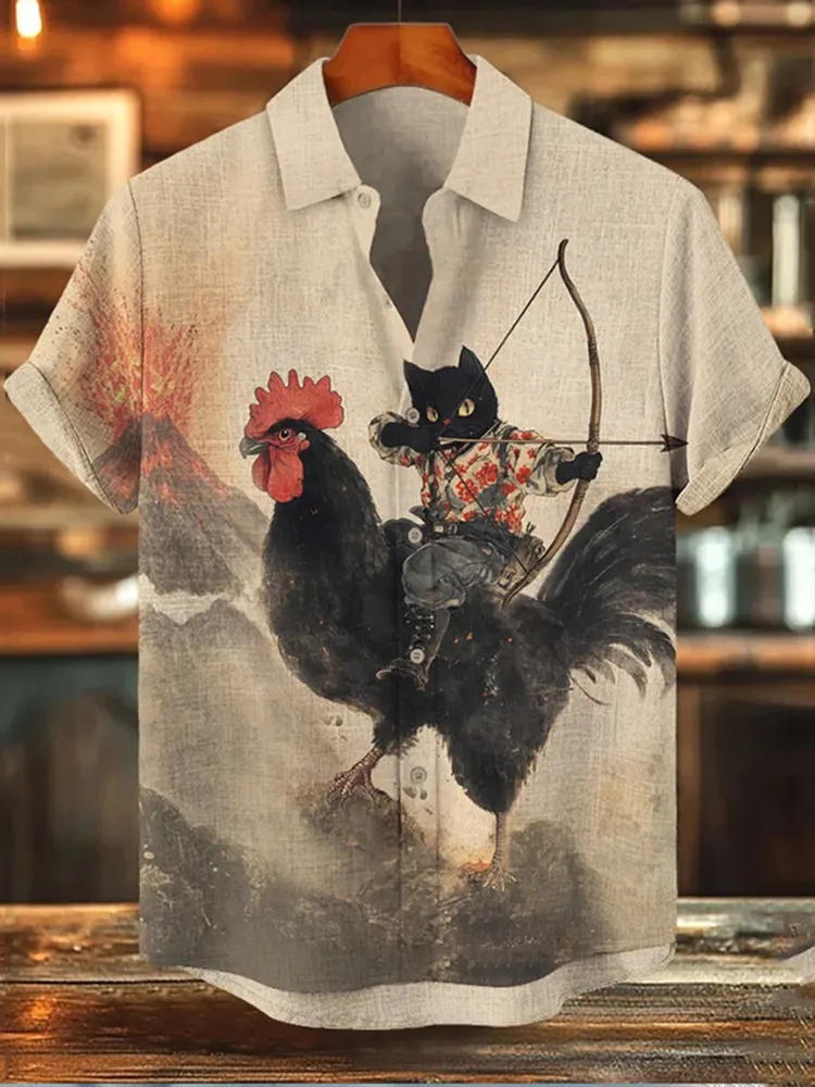Men's Retro Black Cat Archer And Chicken Print Short Sleeve Shirt - Beige
