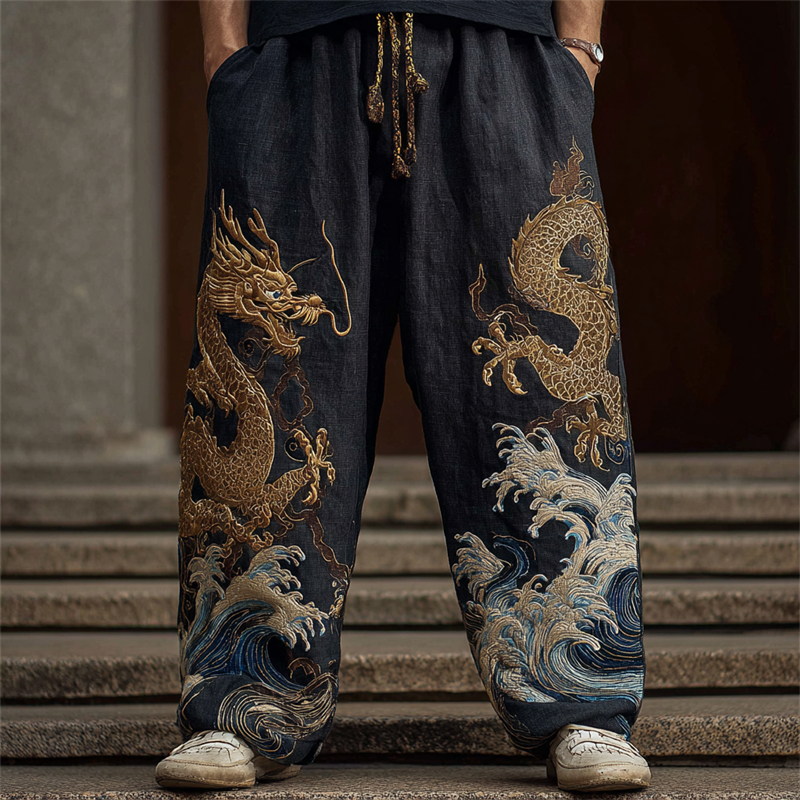 Men's Japanese Gold Dragon Sea Waves Embroidered Linen Pants - Black