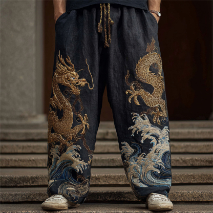 Men's Japanese Gold Dragon Sea Waves Embroidered Linen Pants - Black