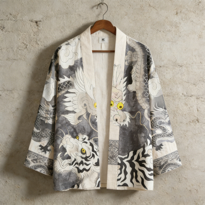 Men's Retro Dragon And Tiger Fight Print Linen Kimono Cardigan - Grey