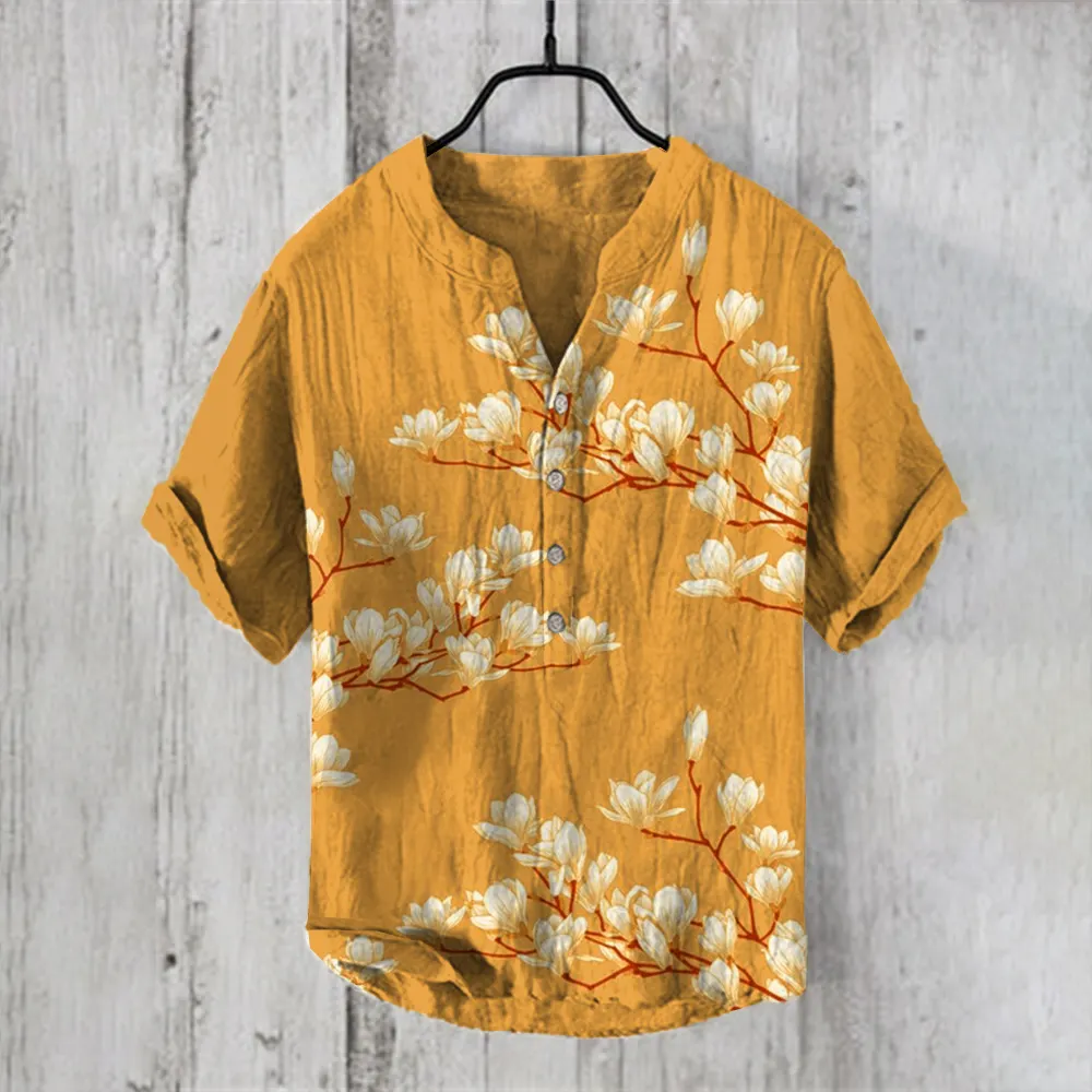 Vintage Japanese Magnolia Flower Casual Linen Blend Shirt - Blue