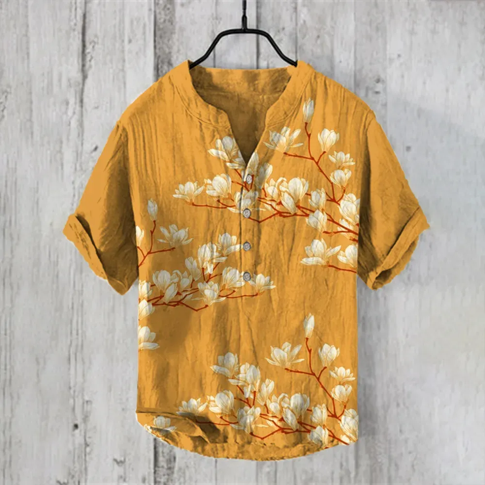 Vintage Japanese Magnolia Flower Casual Linen Blend Shirt - Blue