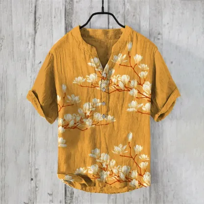 Vintage Japanese Magnolia Flower Casual Linen Blend Shirt - Blue