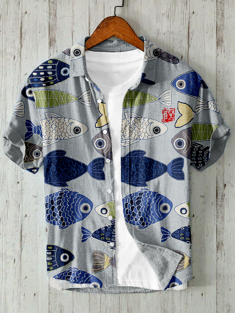 Vintage Fish Japanese Art Linen Blend Short Sleeve Shirt - grey