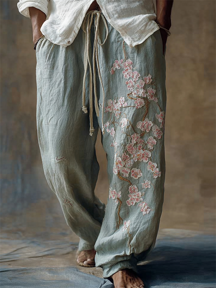 Men's Vintage Cherry Blossom Wide Leg Linen Pants - Light blue