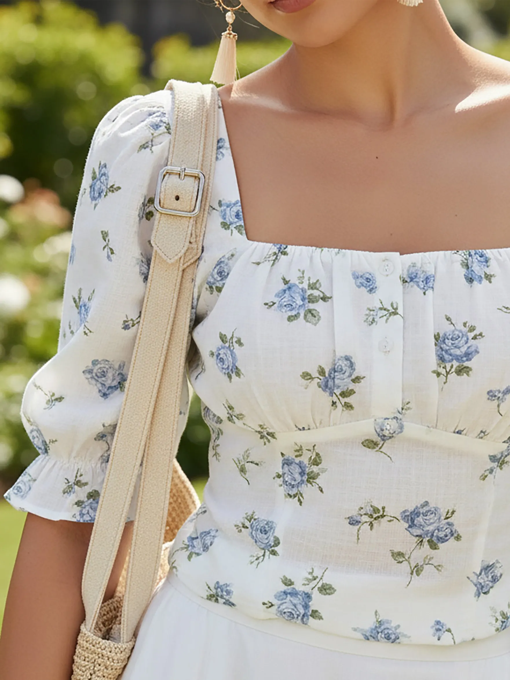 Linen Shirt, Short Sleeves, Square Neck, Floral, Button Design, Vintage, Blue - Blue
