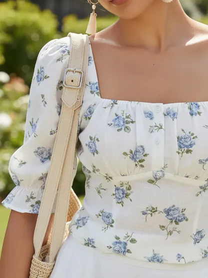 Linen Shirt, Short Sleeves, Square Neck, Floral, Button Design, Vintage, Blue - Blue